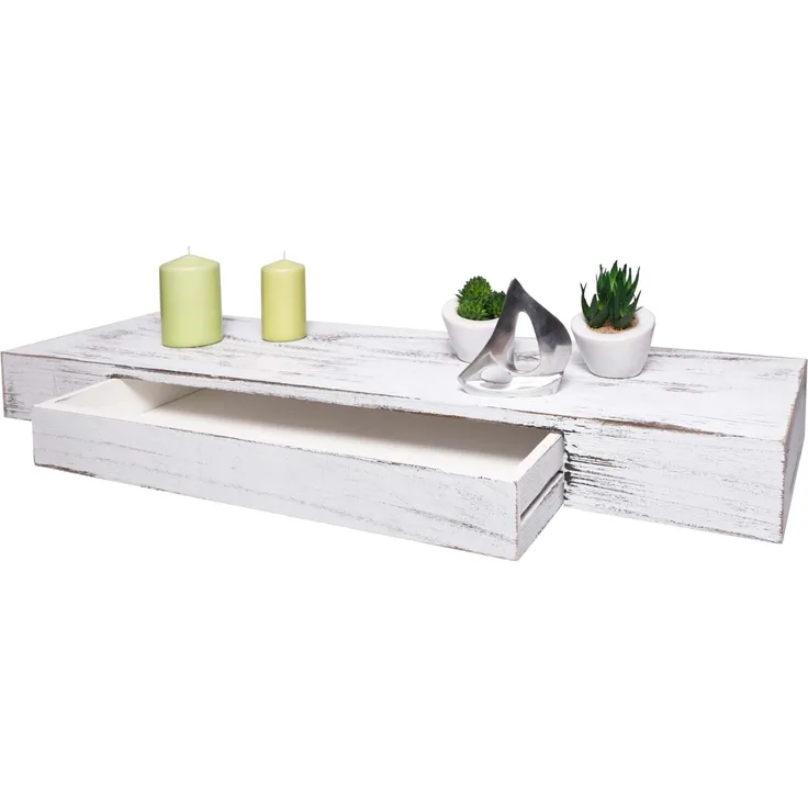 Wandregal HWC-H37, Schweberegal Wandboard Hängeregal Regal, Schublade Massiv-Holz 8x80x25cm ~ weiß, shabby