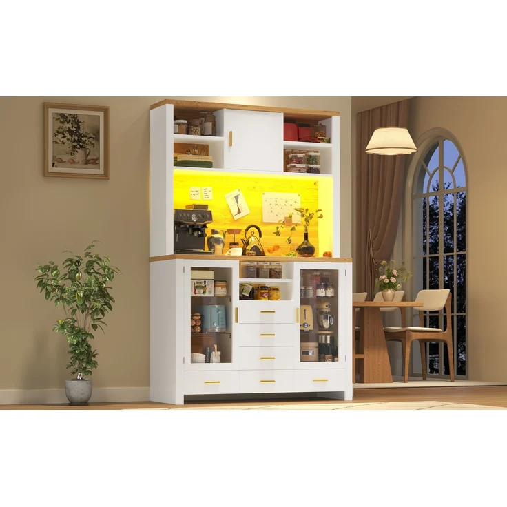 Seitenboard / Aufbewahrungsschrank / Multifunktions-Küchenschrank / Buffetschrank, 120x40x188cm, Landhausstil, 4 Türen, mit LED-Lichtleiste, 6 Schubladen & 3 Türen, Weiß mit Holzoptik--Weiß, Holz--120x40x188cm--YOUDENOVA – Bild 6