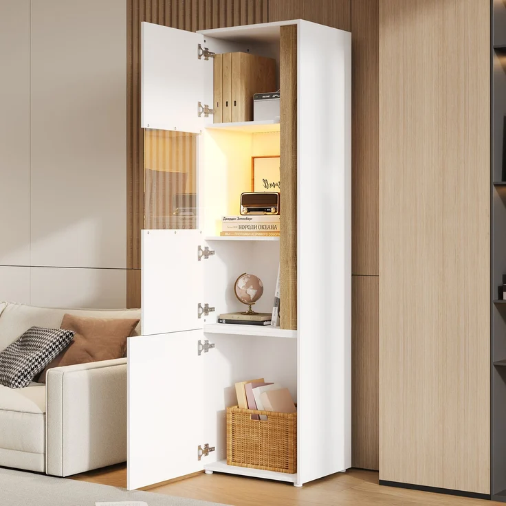 Vitrine, Aufbewahrungsmöbel, hoher Schrank mit LED-Beleuchtung, 2 Türen (eine davon aus Acryl), Geeignet für Wohnzimmer, Büros und Küchen, Weiß+Natural, Maße: B50 x T40 x H179 cm.--Natur + Weiß--50x40x179cm--YOUDENOVA – Bild 1