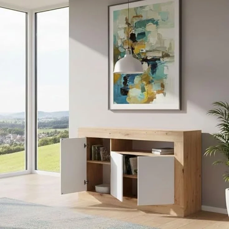 Dmora - Thornton Sideboard, Wohnzimmergarderobe, Wohnzimmerbuffet mit Fächern, TV-Ständer, modernes Sideboard mit 3 Türen, 144x42h87 cm, geknotete Eiche und Weiß – Bild 1