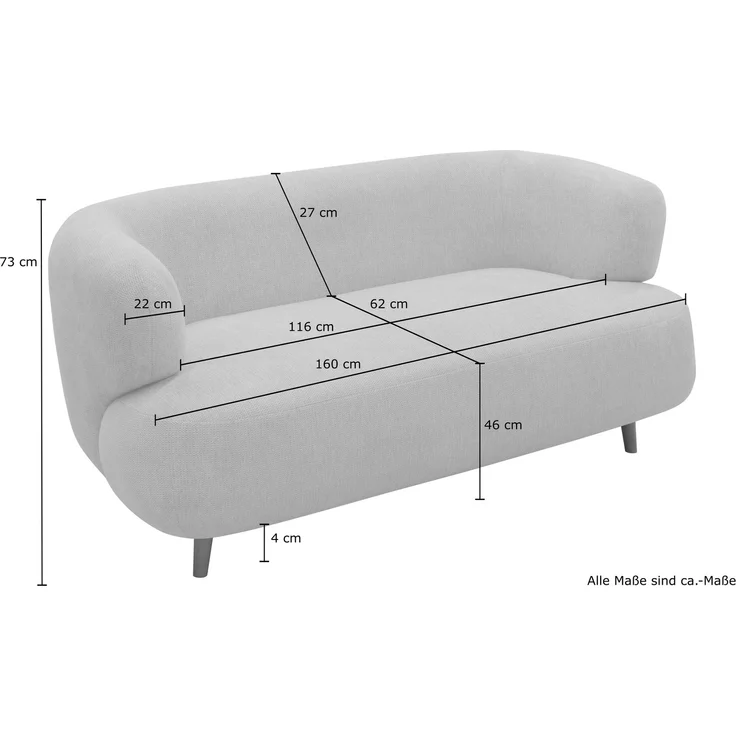 DOMO. collection Sofa 800014, 2-Sitzer Garnitur, runde Ecken, gepolsterte Rückenlehne, Holzfüße Eiche natur, 2er Couch, Polstergarnitur, 160 x 86 x 73 (BxTxH), weiß – Bild 8