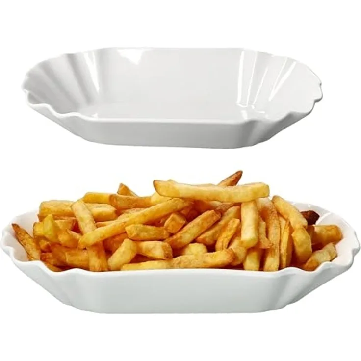 MamboCat Servierschale 2x Fries Pommesschale oval weiß Currywurst-Schale Porzellan, Porzellan