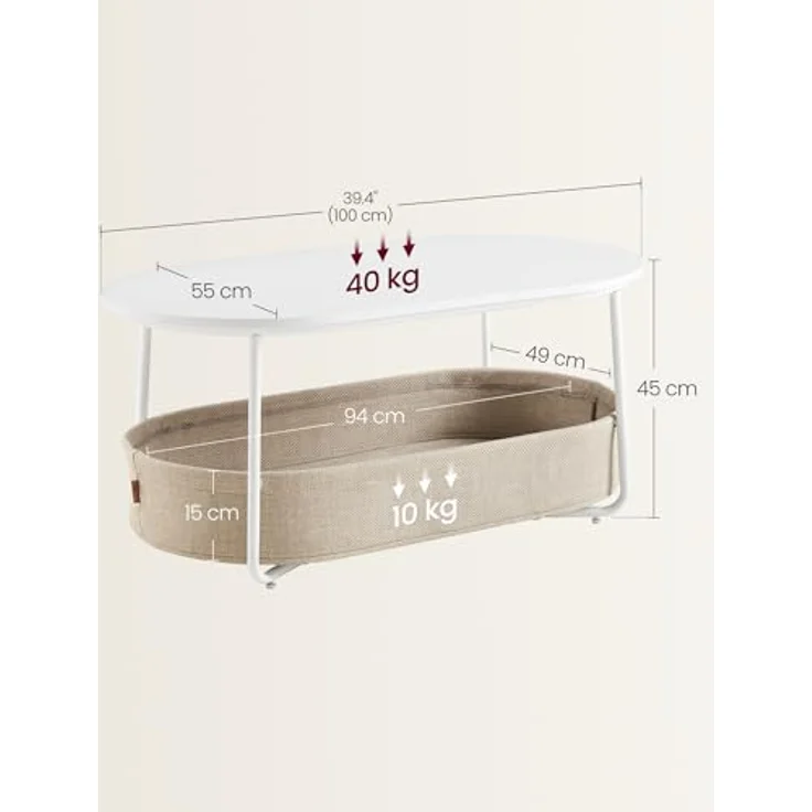 VASAGLE Couchtisch oval, Tisch mit Stauraum, Beistelltisch, Wohnzimmertisch mit Korb aus Stoff, modern, Metallrahmen, mattweiß-Kamelbraun LCT222W10 – Bild 3