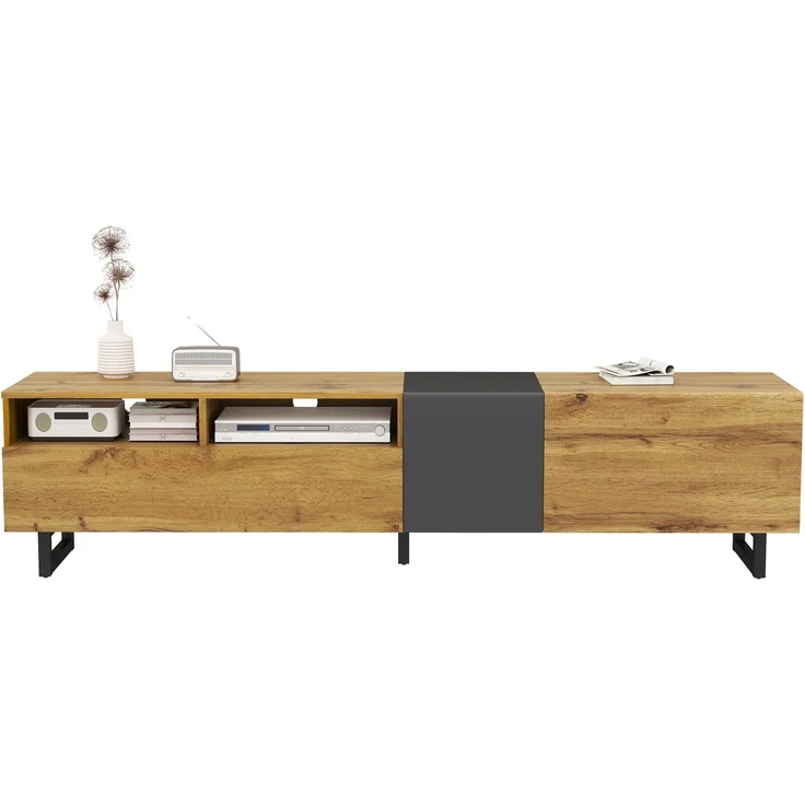 Merax 170cm TV-Schrank, einfaches Kontrastfarbdesign, drei Türen und zwei Fächer, U-förmige Metallbeine, Retro-Holzmaserung – Bild 10