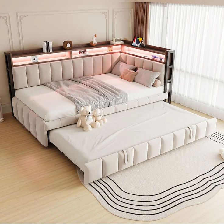 CHICFURN Bett Schlafsofa aus Samtstoff Beige 90x200 cm mit Ausziehbett, LED-Beleuchtung und USB- und Type-C-Anschlüssen – Bild 2