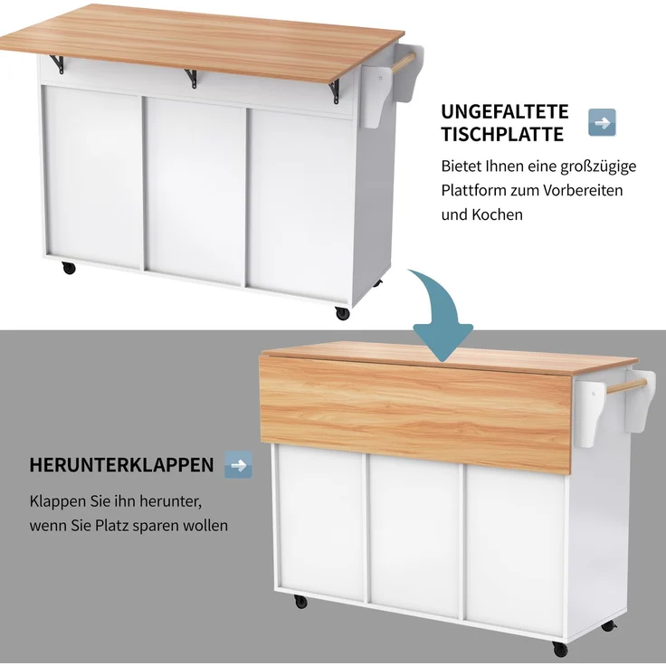 129x46(71)x91,5 cm großer Speisewagen/Sideboard, Arbeitsplatte mit Massivholzmaserung + Weiß Schrank/faltbare Arbeitsplatte/Aufbewahrungstür-Design/Räder/Massivholzfüße umschaltbar/für Zuhause geeig – Bild 8