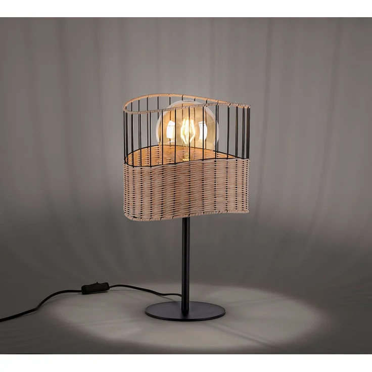LED Tischleuchte, Metall, schwarz, Holzgeflecht, E27, H 42 cm – Bild 7