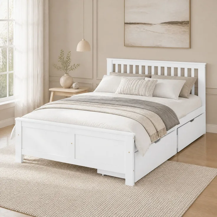 CHICFURN Doppelbett aus Kiefernholz und MDF Weiß 140x200 cm mit 2 Schubladen