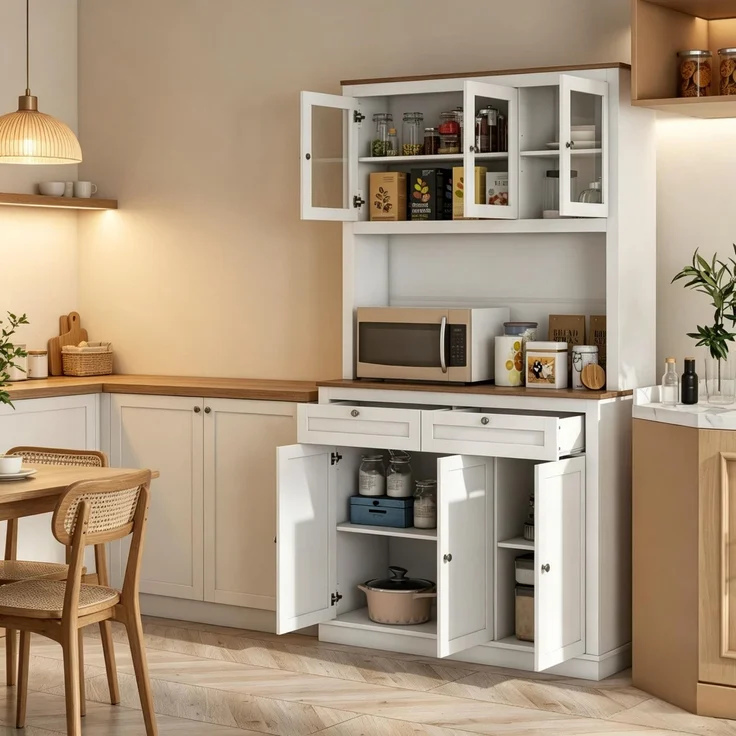 Buffet Anrichte mit offenen Regalen, Schubladen und viel Stauraum,Geschirrschrank,Küchenschrank--Weiß--100x40x180cm--YOUDENOVA – Bild 2