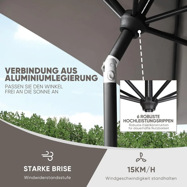 Sekey Sonnenschirm mit Kurbel und UV50+, knickbar, Aluminium cappuccino, 200 × 300 cm – Bild 4