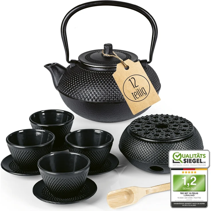 Lumaland Teeservice Set 12-teilig, 1,4 Liter Gusseiserne Teekanne Tetsubin (12-tlg), Bambus/Gusseisen/Edelstahl, Stövchen aus Gusseisen, 4 Teebecher & 4 Untersetzer uvm. – Bild 10