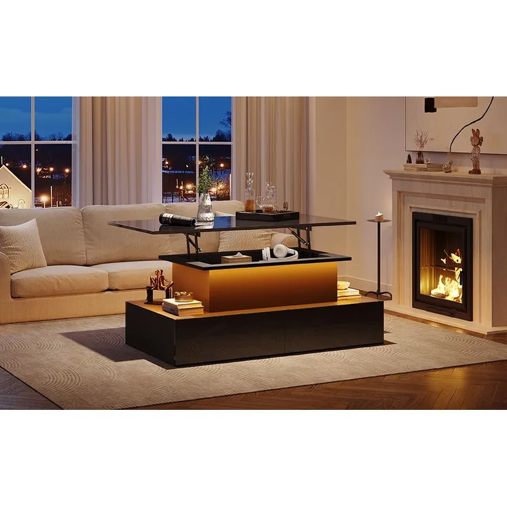MODFU Couchtisch mit Stauraum (Satztisch, Wohnzimmertisch, Beistelltisch, 1-St, 4 Schubladen, 1 versteckten Stauraum), Hochglanz-Couchtisch mit LED-Beleuchtung