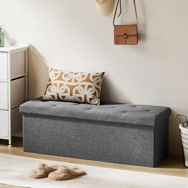 DUMOS 109cm Aufbewahrungs-Hockerbank, Aufbewahrungsbox, Bettfußbank mit gepolstertem Sitz, Schlafzimmerbank für Wohnzimmer, Tragkraft 300kg, Grau – Bild 7
