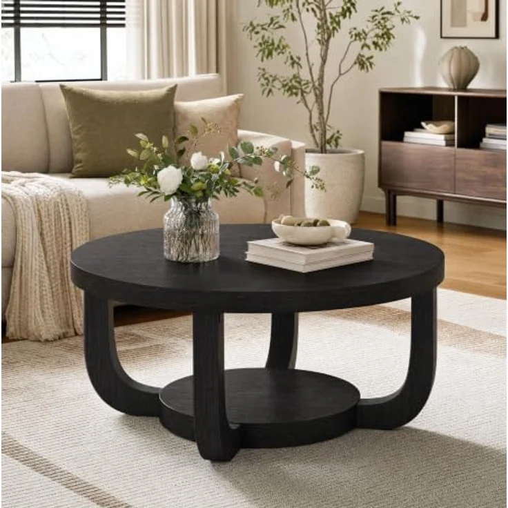 LITTLE TREE Runder Couchtisch 80 cm, 2-stöckiger Wohnzimmertisch mit Ablage | Landhausstil Kaffeetisch, Holz‑Optik Tisch für Wohnzimmer, Schlafzimmer und Lounge, Schwarz – Bild 8