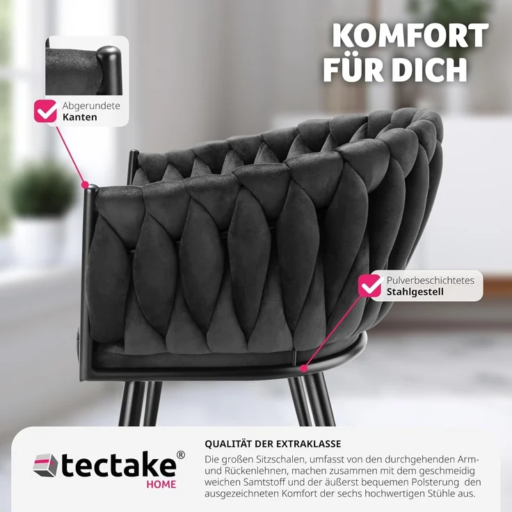 tectake Esszimmerstuhl Astano (6er Set, 6 St), gepolstert, mit Samtbezug, Knotendesign – Bild 9