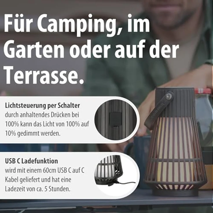 Brennenstuhl Akku LED Outdoor Lampe FL 100 A, IP44, Flammeneffekt, 20h Leuchtdauer, tauschbarer Akku, USB C Ladefunktion, Campinglampe, Garten- und Ambientebeleuchtung – Bild 5