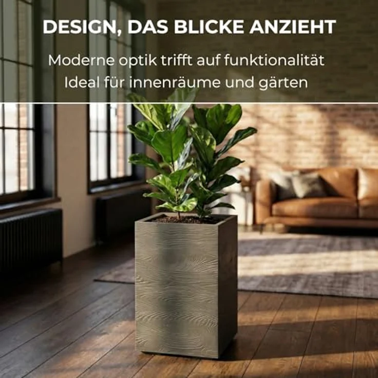 LAMELA Pflanzkübel mit Rollen Höhe 60 cm, 36L – Blumentopf aus Kunststoff in Holzoptik – Übertopf mit Wasserablauf – Modern für Innen & Außen - Wetterfest & Pflegeleicht, Antrazit – Bild 4