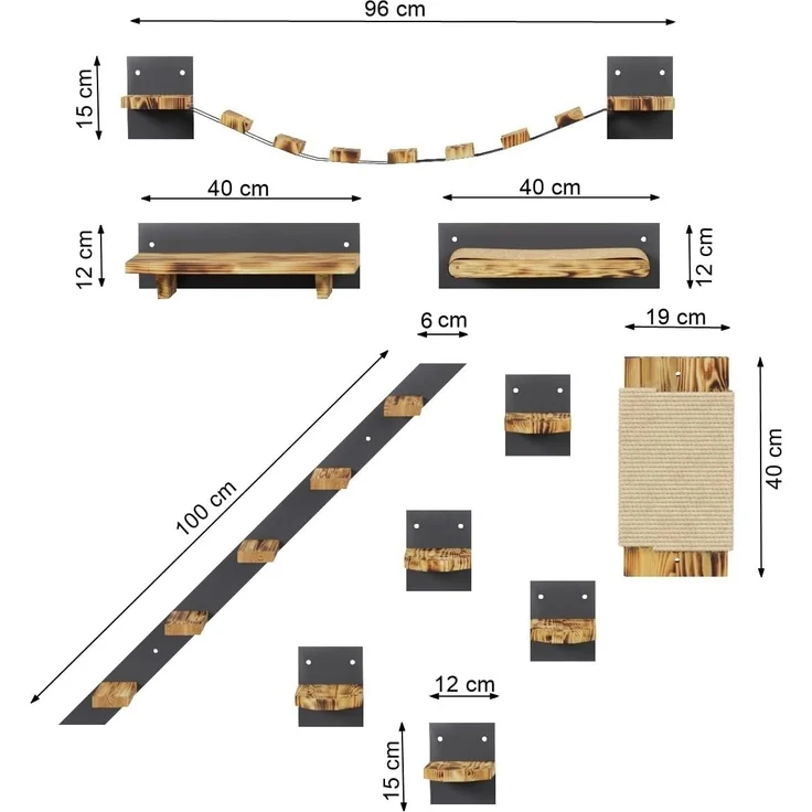 QLS Katzen-Kletterwand LOFT Wandmontage, Set Aus Metall pulverbeschichtet und Holz Geflammt 10 Teilig – Bild 9