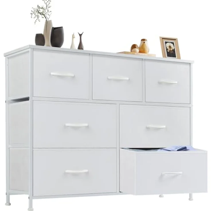 DUMOS Kommode für Schlafzimmer mit 7 Stoffschubladen hohe Kommode Organizer für Kleidung Schrank Kinderzimmer Aufbewahrungsturm mit Schrank Metallrahmen Holzplatte leichte Kinderzimmermöbel – Bild 2