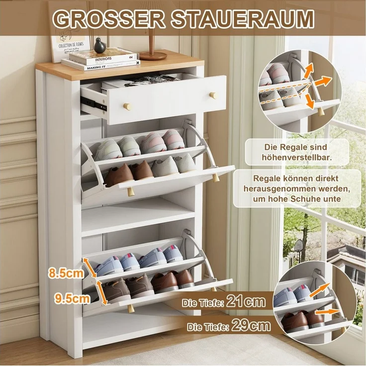 Celya Schuhschrank mit 1 Schublade und 2 Klappen (mit verstellbaren Einlegeböden und Metallgriffen) Ideal für Flur und Eingangsbereich – Bild 3
