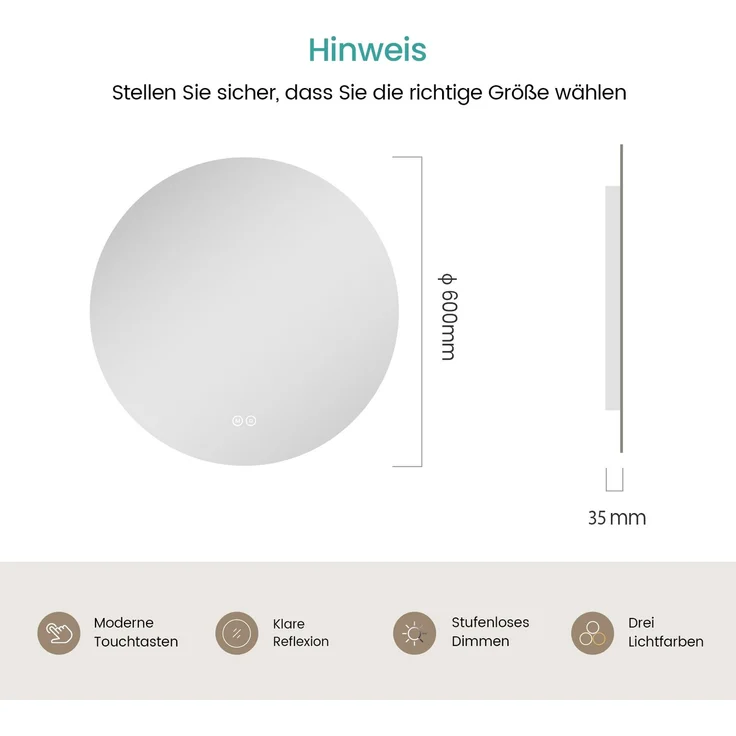 EMKE Rund Badspiegel mit LED Beleuchtung Touch 3 Lichtfarbe Dimmbar ф60cm Lichtspiegel – Bild 5