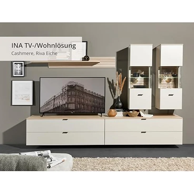 Stella Trading INA Wohnwand Komplett-Set in Kaschmir, Riva Eiche Optik FSC-Zertifiziert - Moderne Schrankwand 5-teilig mit LED-Beleuchtung für Ihr Wohnzimmer - 280 x 185 x 44 cm (B/H/T) – Bild 3