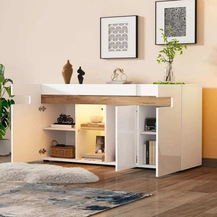 ZUBALIYA Sideboard 140x40x70 cm, mit LED-Beleuchtung, mit App-Steuerung, Hochglanz, aus Spanplatte, Weiß / Natur – Bild 2