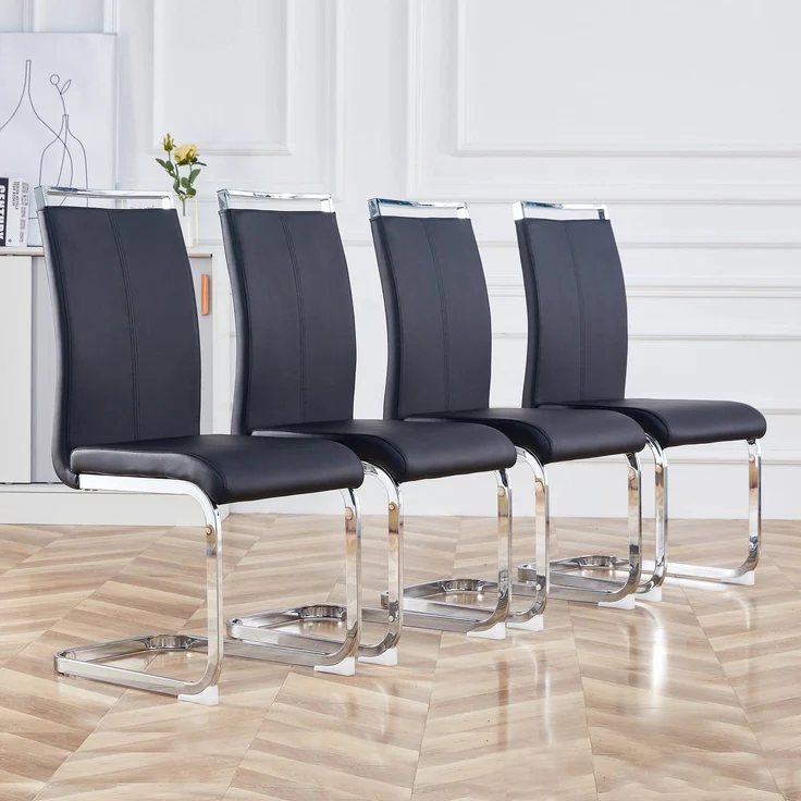 Freischwinger Stühle 4er-Set mit Kunstleder, ergonomischer Sitzkomfort, hohe Rückenlehne, verchromtes Metallgestell,Schwarz – Bild 1