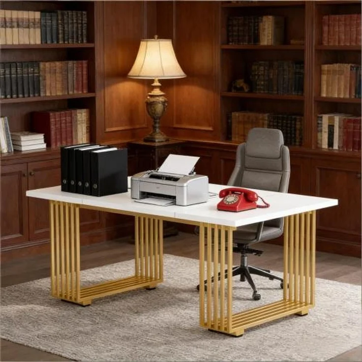 Klassischer Bürotisch,Eleganter Executive-Schreibtisch,Funktioneller Computer-Schreibtisch(nur Schreibtisch)--Gold + Weiß--180x79x79cm--YOUDENOVA – Bild 6