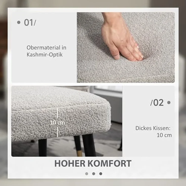 HOMCOM Fußhocker Schminkhocker Fußstütze mit Kaschmir-Optik (Hocker, 1 St, Sitzhocker), für Schlafzimmer, Stahlbeine, Hellgrau – Bild 5