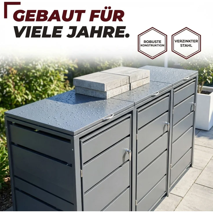 Albatros Mülltonnenbox 3er Tonne | bis 240 Liter | Anthrazitgrau RAL 7016 | verzinkter Stahl | Premium Dämpfer| Aufkleber-Set | wetterfest| verstellbare Füße| Türgriff mit Schloss | Gartenbox | entwickelt in Deutschland – Bild 4