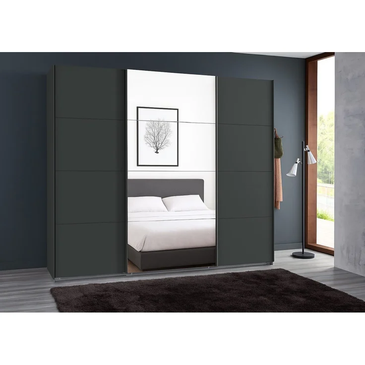 Schwebetürenschrank Kleiderschrank B225 cm extra H236 cm 3-türig Grafit, 1x Spiegeltür – Bild 3