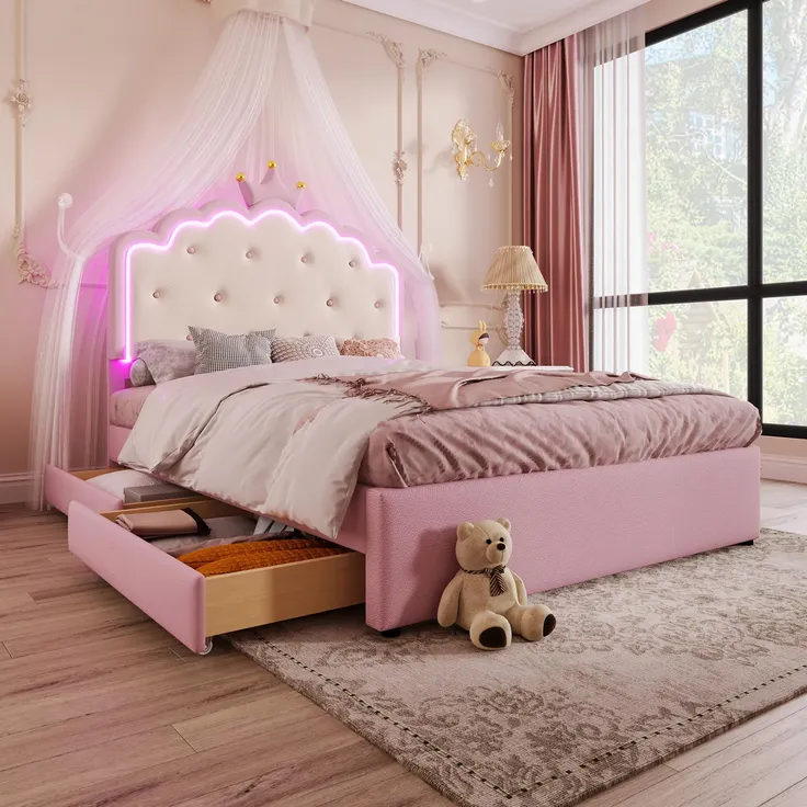 Prinzessinbett mit LED-Beleuchtung, Gästebett und Schubladen, Mädchenbett, Polsterbett für Mädchen, Doppelbett, Kunstleder, 140x200cm – Bild 3