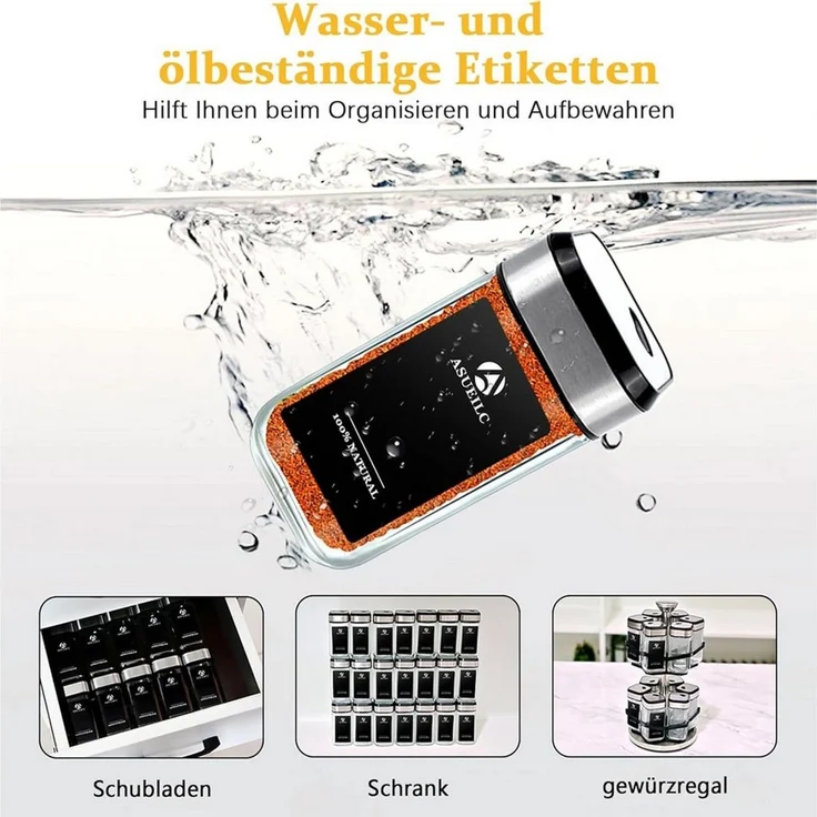 KingLux Gewürzbehälter 360° Rotation 120ml Gewürzgläser Eckig Set, Drei Kaliber, borosilikatglas, (Set, 35-tlg) – Bild 3