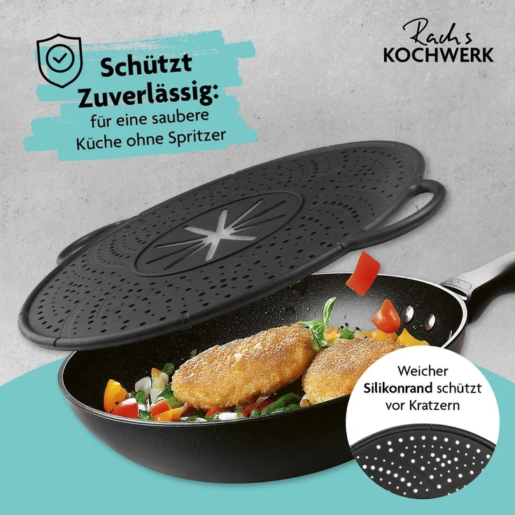 Rachs KOCHWERK Spritzschutzdeckel Silikon Überkoch- und Spritzschutz 31cm schwarz, für Pfannen und Töpfe Abgießhilfe Spritzschutz Dampfgarer Untersetzer – Bild 2