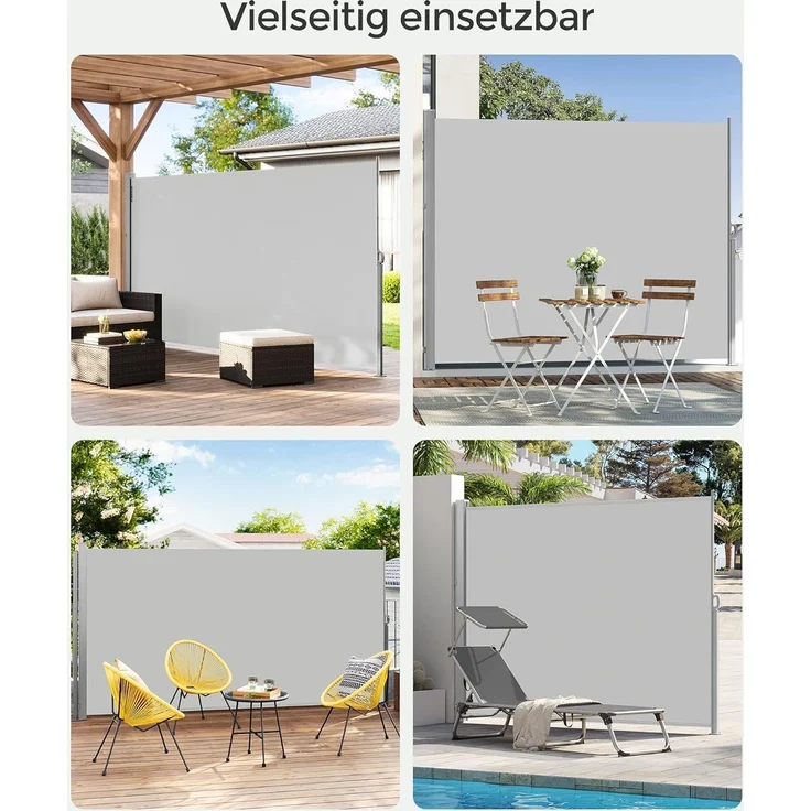 SONGMICS Seitenmarkise mit Stahl-Kasten, rostbeständig, ausziehbar, Hellgrau, 160x350 cm – Bild 3