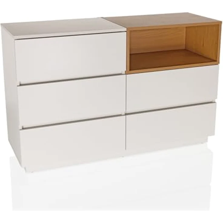 hjh LIVING Sideboard mit 5 Schubladen 120 x 40 x 76 cm MELMO S Schubladenkommode im skandinavischen Stil, griffloses Design, Weiß/Eiche – Bild 2