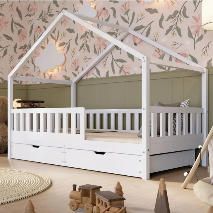 Crazy Pine 'Crazy House' Hausbett mit abnehmbaren Rausfallschutz, Naturholz, Weiß, 100x200 cm, mit Schubladen – Bild 1