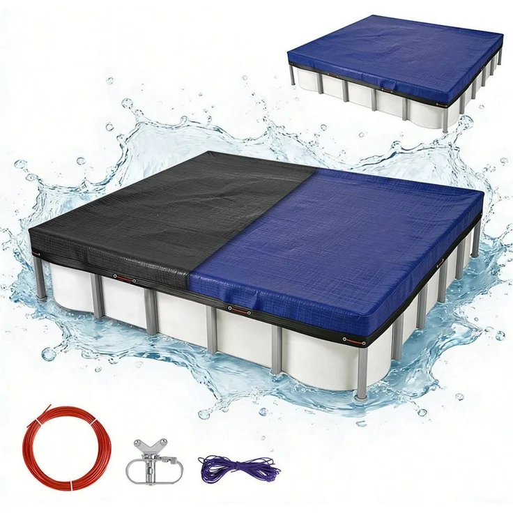 Clanmacy Pool-Abdeckplane Pool-Abdeckplane PE rechteckig Blau/Schwarz mit Ösen & Stahlseil – Bild 1