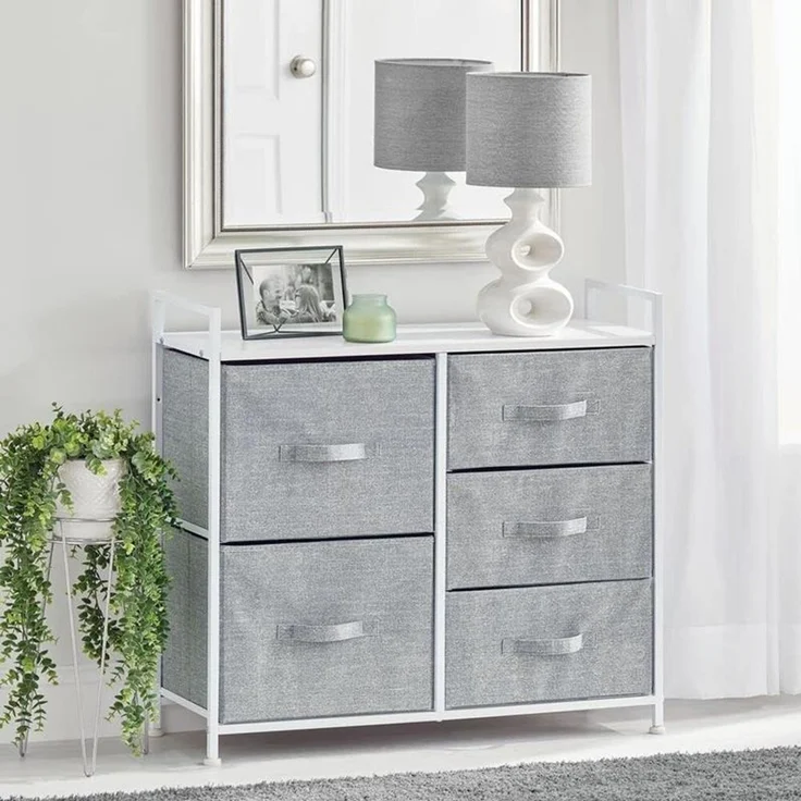 Schmaler Stoff Schrank 5 Schubladen Kommode Aufbewahrung grau/weiß 82cm mdesign – Bild 3
