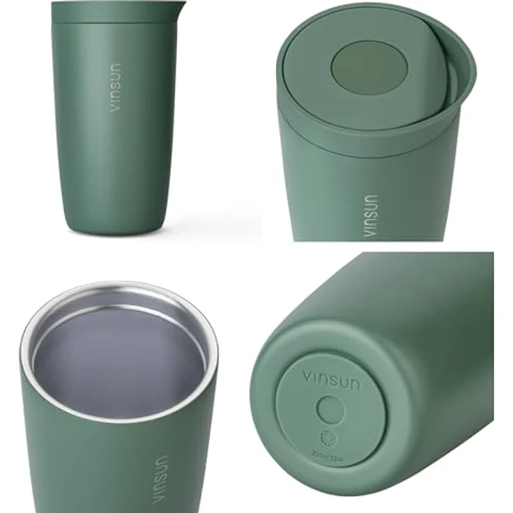 Vinsun Thermobecher Edelstahl Isolierbecher 350ml - Kaffeebecher to Go auslaufsicher, 2-tlg, Edelstahl, Doppelwandig, BPA frei, bruchfest, Einhandbedienung per Knopfdruck – Bild 7