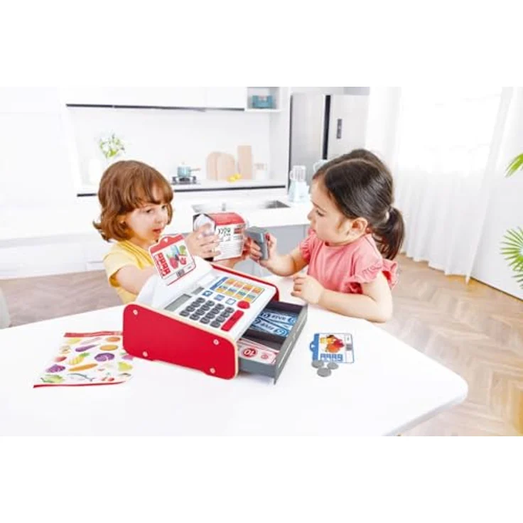 Hape Spielkasse mit Sound und Scanner, Kaufladenzubehör für Kinder ab 3 Jahren, inkl. Solartaschenrechner und 9 Geldmünzen – Bild 4