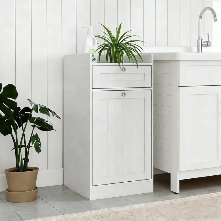 KOMFOTTEU Wäscheschrank Badschrank mit Wäschekorb, Wäschesack & Regal