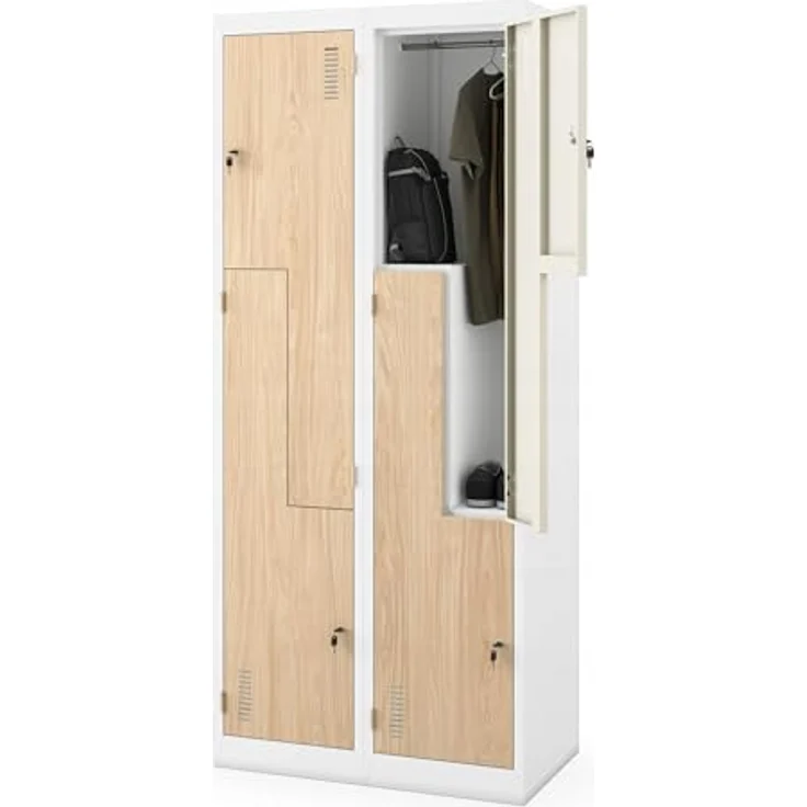 Jan Nowak Umkleideschrank Z02 Spind mit 4 Abteilen Kleiderspind Metallschrank Flügeltür Lüftungsschlitzen Pulverbeschichtung 185 x 80 x 45 cm (Weiß-Holz) – Bild 1
