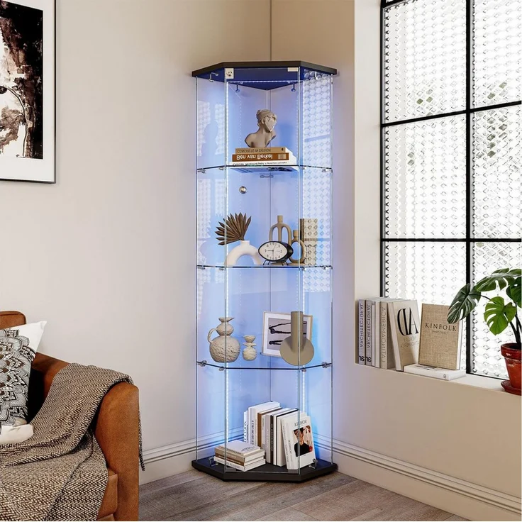Simurq Glasvitrine Eckvitrine 162cm LED Sammlervitrine,4 Lagen Eck-Glasvitrine Stehend (Packung, Sammlervitrine Schauvitrine mit 1 türen und Schloss, Gehärtetes Glas) LED-Streifenbeleuchtung, Mit Schloss,Fünfeckiges Design,Einzeltür – Bild 1