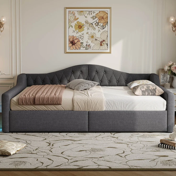 Tagesbett 140x200 cm mit LED-Beleuchtung & Stauraum, ohne Matratze, Leinen Grau – Bild 2