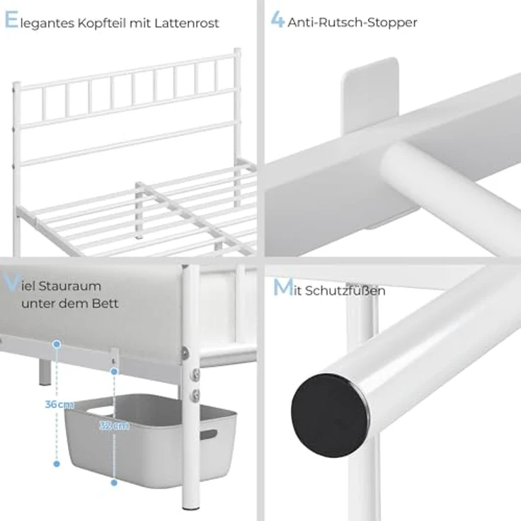 Yaheetech Metallbett 140x200 cm Bettrahmen mit Kopfteil Bettgestell aus Metall Gästebett mit Lattenrost für Schlafzimmer Gästezimmer Weiß – Bild 8
