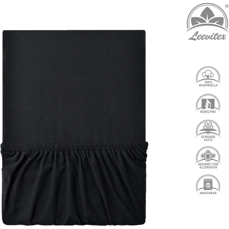 leevitex® Spannbettlaken, Premium 170g/m², Gummizug: rundum, schwer und dick, 100% Jersey-Baumwolle, Schwarz, Topper | 90 x 200 - 100 x 220 cm – Bild 2
