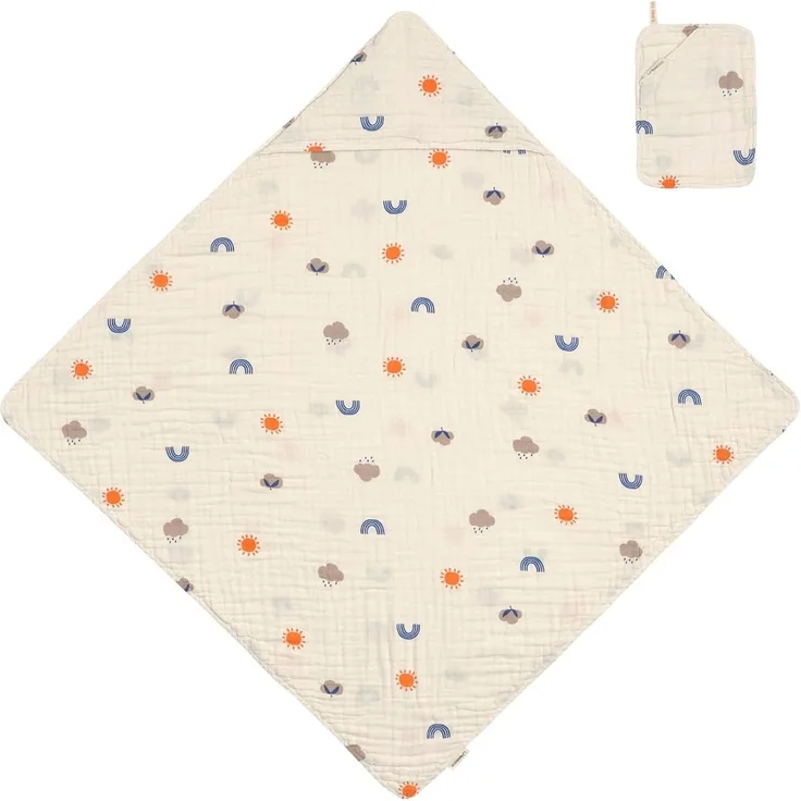 LÄSSIG Baby und Kinder Musselin Set Kapuzenhandtuch und Waschhandschuh/Muslin Set (Hooded Towel + Wash Glove) Blossom Nature
