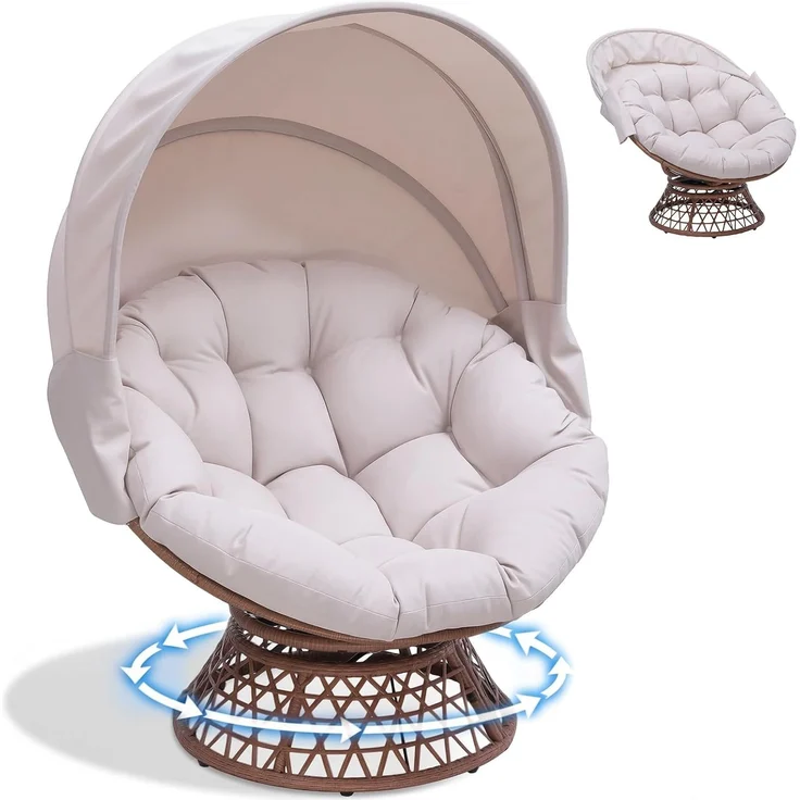 COMHOMA Papasansessel, gemütlicher Drehsessel mit Kissen rund, bequemer Rattansessel, Loungesessel drehbar, runder Relax Korbsessel Rattan für Wohnzimmer, Leseecke, Lounge - BEIGE – Bild 1